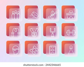 Set line Stadium, Dumbbell, American football goal post, Football field, Medal, Kayak and paddle, Bowling pin and Hockey puck icon. Vector