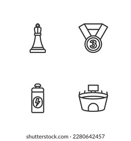 Set line Stadium, Fitness shaker, Chess and Medal icon. Vector