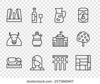 Set line Stadium Mestalla, House Edificio Mirador, Sangria, Spanish woman, Gate of Europe, pitcher, Aqueduct Segovia and Orange tree icon. Vector