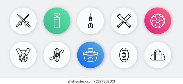 Set line Stadium, Soccer football ball, Medal, American Football, Crossed baseball bat, Dart arrow, Sport bag and Kayak and paddle icon. Vector