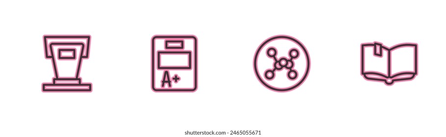 Set line Stage stand, Chemical formula, Exam sheet with A plus grade and Open book icon. Vector