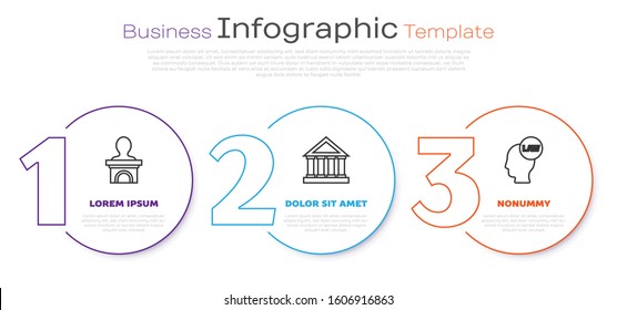 Set line Stage stand or debate podium rostrum, Courthouse building and Head with law. Business infographic template. Vector