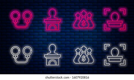 Set line Stage stand or debate podium rostrum, Money bag, Handcuffs and Face recognition. Glowing neon icon on brick wall. Vector