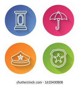 Set line Stage stand or debate podium rostrum, Umbrella, Police cap with cockade and Police badge. Color circle button. Vector
