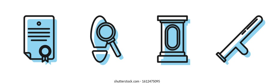 Set line Stage stand or debate podium rostrum, Certificate template, Magnifying glass with footsteps and Police rubber baton icon. Vector