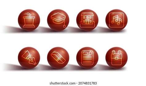 Set line Stage stand, Fountain pen nib, Music note, tone, Dossier folder, Eraser or rubber, Graduation cap, School backpack and building icon. Vector