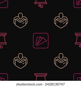 Set line Stage stand, Man reading book and Paper airplane on seamless pattern. Vector