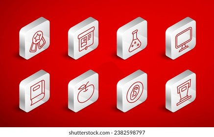 Set line Stage stand, Projection screen, Test tube, Computer monitor, Ear listen sound signal, Medal with star, Apple and Book icon. Vector