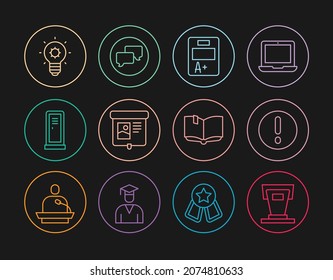Set line Stage stand, Speech bubble Exclamation, Exam sheet with A plus grade, Projection screen, Locker or changing room, Light bulb, Open book and chat icon. Vector