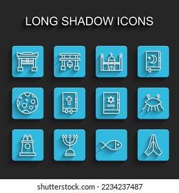 Set line Stage stand or tribune, Hanukkah menorah, Japan Gate, Christian fish, Hands in praying position, Holy bible book, Pastafarianism and Jewish torah icon. Vector