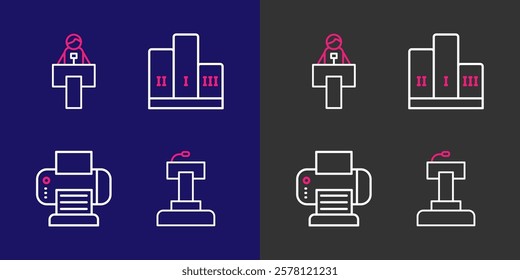 Set line Stage stand or tribune, Printer, Award over winner podium and  icon. Vector
