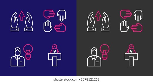 Set line Stage stand or tribune, Human with lamp bulb, Project team base and Growth chart progress icon. Vector