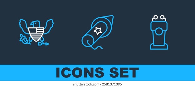 Set line Stage stand or tribune, Eagle and Firework icon. Vector