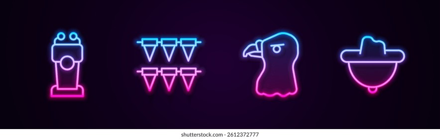 Set line Stage stand or tribune, Carnival garland with flags, Eagle head and Western cowboy hat. Glowing neon icon. Vector