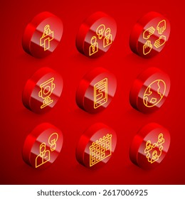 Set line Stage stand or tribune, People with lamp bulb, Project team base, Award cup, Chat messages on phone, Earth globe, Human and Calendar icon. Vector