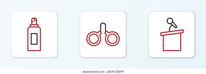 Set line Stage stand or tribune, Paint spray can and Handcuffs icon. Vector
