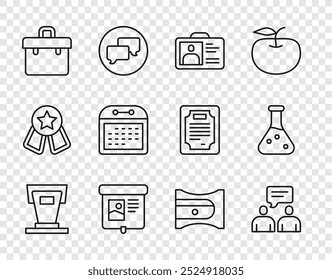 Set line Stage stand, Dois homens sentados falando, distintivo de identificação, tela de projeção, Porta-arquivos, Calendário, Apontador de lápis e ícone do tubo de teste. Vetor