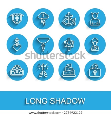 Set line Stained glass, Hands praying position, Flag with christian cross, Babel tower bible story, Donation for church, Christian chain, Jesus and  icon. Vector