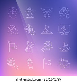 Set line Stair with finish flag, Folded paper boat, Target, Medal, Flag, Head hunting and Mountains icon. Vector