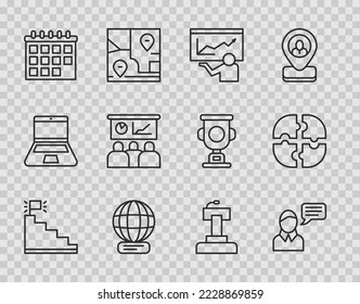 Set line Stair with finish flag, Speech bubble chat, Training, presentation, Worldwide, Calendar, Stage stand tribune and Piece of puzzle icon. Vector