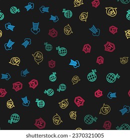 Set line Stair with finish flag, Planet, Flag and Shield on seamless pattern. Vector