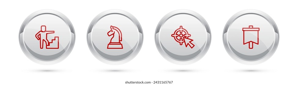 Fija la línea Escalera con bandera de acabado, Ajedrez, Objetivo y Bandera. Botón de círculo plateado. Vector