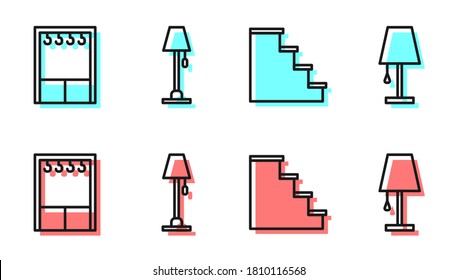 Ajuste la escalera de línea, el armario, la lámpara del suelo y el icono de la lámpara de mesa. Vector