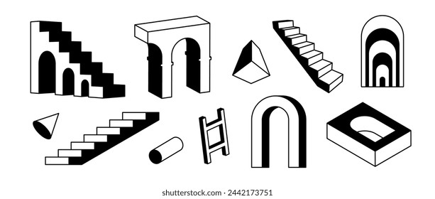 Conjunto de líneas de escaleras y arcos en perspectiva. Colección de elementos geométricos surrealistas en blanco y negro. Puerta de arco 3d, escalera, escalera, paquete de puerta. Formas trippy para collage, póster, banner, pegatina. Vector