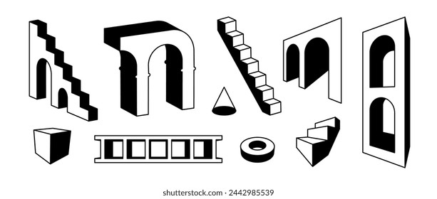 Set von Linien Treppen und Bögen in der Perspektive. Surreale geometrische Elementsammlung umreißen. Bold 3D-Bogentür, Leiter, Treppe, Torbündel. Trippige Formen für Collage, Poster, Banner, Aufkleber. Vektor