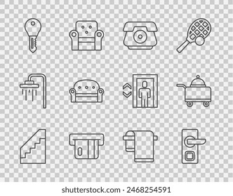 Set line Stairs, Digital door lock, Telephone handset, Credit card, Hotel key, Sofa, Towel hanger and Covered with tray food icon. Vector