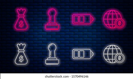 Set line Stamp, Battery charge level indicator, Money bag and Earth globe with dollar symbol. Glowing neon icon on brick wall. Vector