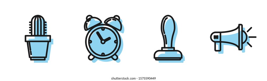 Set line Stamp, Cactus and succulent in pot, Alarm clock and Megaphone icon. Vector
