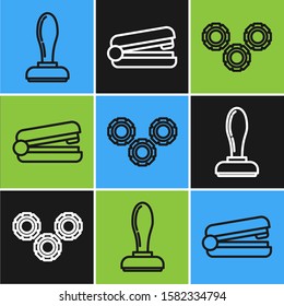 Set line Stamp, Gear and Office stapler icon. Vector