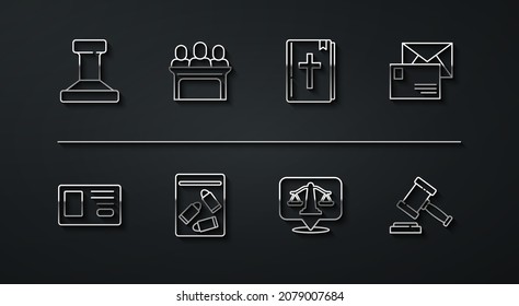 Set line Stamp, Identification badge, Envelope, Scales of justice, Evidence bag and bullet, Jurors, Judge gavel and Holy bible book icon. Vector