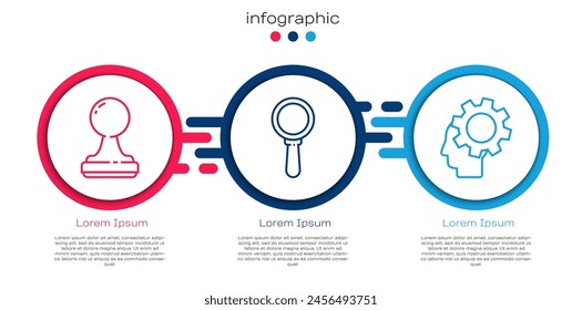 Set line Stamp, Magnifying glass and Human head with gear inside. Business infographic template. Vector