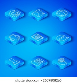 Set line Stamp, Mail and e-mail, Telephone, Speech bubble chat, Create account screen, Headphones, Chat messages notification monitor and  icon. Vector