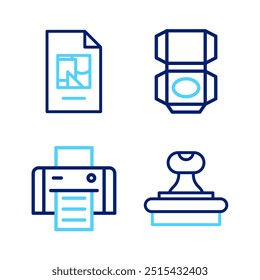 Sello de línea, impresora, caja de cartón de cartón e icono de documento de archivo. Vector