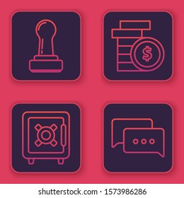 Set line Stamp, Safe, Coin money with dollar symbol and Speech bubble chat. Blue square button. Vector