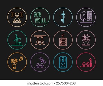 Set line Standalone sensor and plant, Tractor location, Smart farm with bulb, Wind turbine, drone, farming technology and  icon. Vector