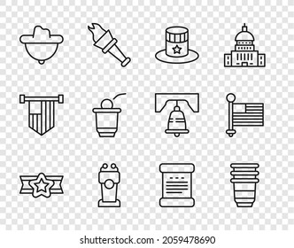 Set line Star American military, Paper glass, Patriotic top hat, Stage stand or tribune, Western cowboy, Beer pong game, Declaration of independence and flag icon. Vector