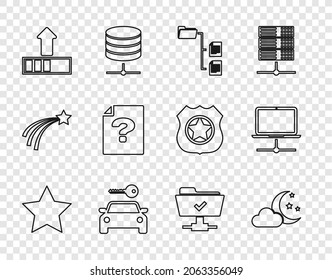 Set line Star, Cloud with moon and stars, Folder tree, Car rental, Loading, Unknown document, FTP operation successful and Computer network icon. Vector