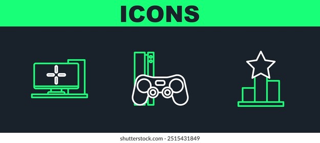 Set line Star, Computer monitor and Game console with joystick icon. Vector