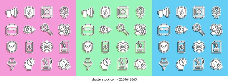 Set line Star, Contract money, Job promotion exchange, Safe, Coin with dollar, Briefcase, Megaphone and Magnifying glass for search people icon. Vector