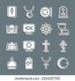 Set line Star and crescent, Christian cross, Holy grail or chalice, fish, Muslim Mosque, Cross ankh book and Dharma wheel icon. Vector