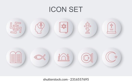 Set line Star and crescent, Die Gebote, jüdisches Torachbuch, Hindu Swastika, Kreuz ankh, christliche Fische und spirituelle Tempel Symbol. Vektorgrafik