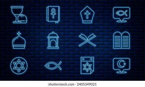 Set line Star and crescent, The commandments, Pope hat, Muslim Mosque, Church tower, Holy grail or chalice, book of Koran and Cross ankh icon. Vector