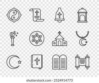 Set line Star and crescent, Decree, paper, parchment, scroll, Church bell, Holy bible book, Yin Yang, of David, The commandments and on chain icon. Vector