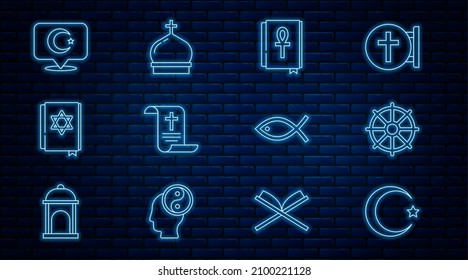 Set line Star and crescent, Dharma wheel, Cross ankh book, Decree, paper, parchment, scroll, Jewish torah, Christian fish and Church tower icon. Vector