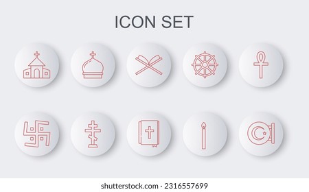 Set line Star and crescent, Hindu swastika, Holy book of Koran, Burning candle, Church building, tower, Christian cross and bible icon. Vector
