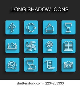 Set line Star and crescent, Holy grail or chalice, Christian cross, Torah scroll, Muslim Mosque, Hindu swastika, The commandments and of David icon. Vector